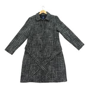 GAP Women’s Wool Blend Belted Pocketed Black & White Long Coat Size L NO Buttons